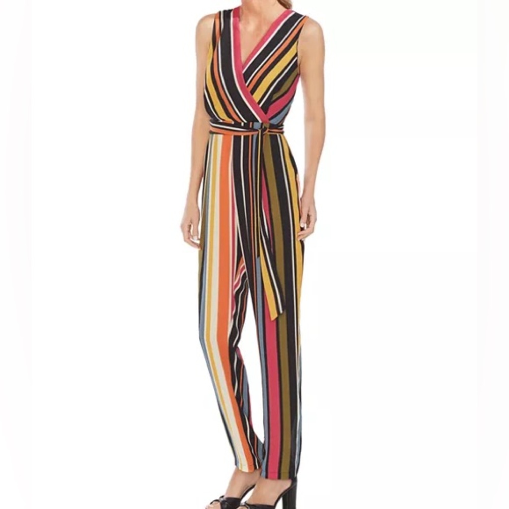 Vince Camuto Oasis Striped Jumpsuit Belted V-Neck‎ Size 12